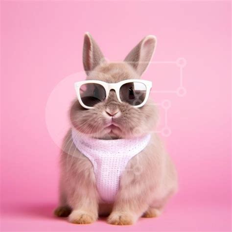 Cute Rabbit Sitting On A Pink Background With Sunglasses Stock Photo