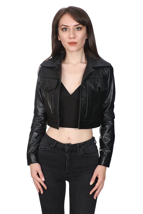 Womens 100 Real Black Leather Cropped Length Jacket