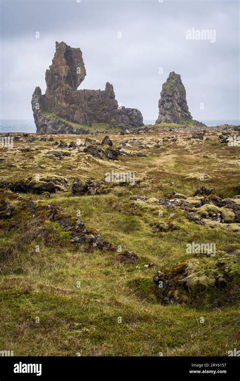 The Londrangar Basalt Cliffs Hellnar In Iceland On A Summer Day Stock
