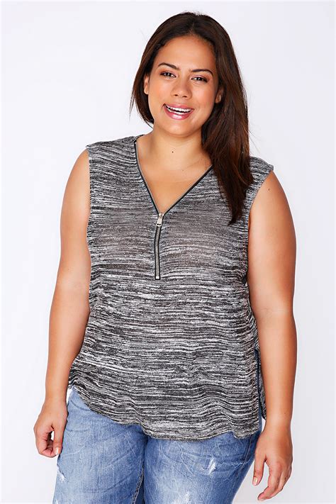 Black And Grey Space Dye Zip Front Sleeveless Top Plus Size 16 To 28