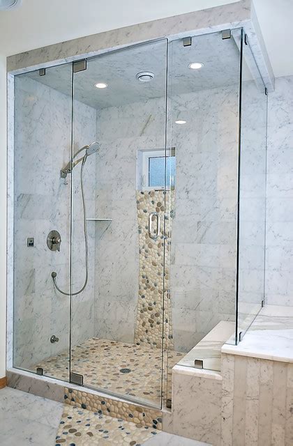 Carrara Marble Shower With River Rock Pebbles Traditional Bathroom