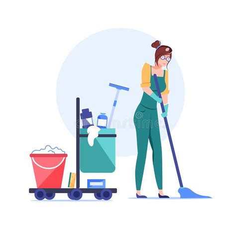 Flat Cartoon Cleaning Service Employee Charactervector Illustration