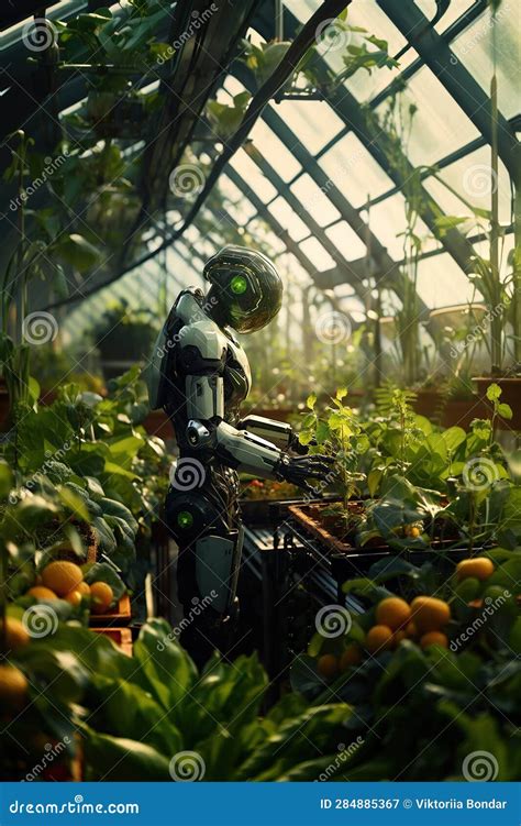 Android Robot Grows Vegetables And Greens In A Large Greenhouse Stock