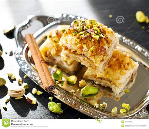 Turkish Pistachio Pastry Dessert Baklava With Green Pistachios Stock