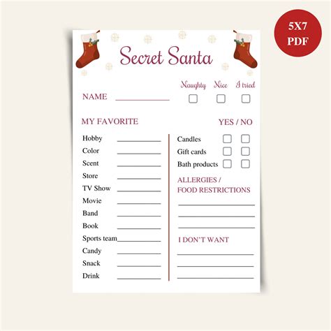 Printable Secret Santa Questionnaire 5x7 Work Secret Santa Etsy
