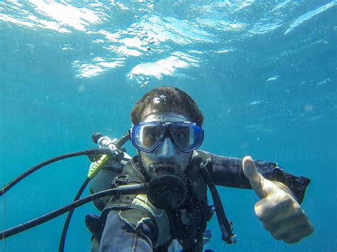 Young Man Self Portrait Scuba Diving Underwater By Stocksy