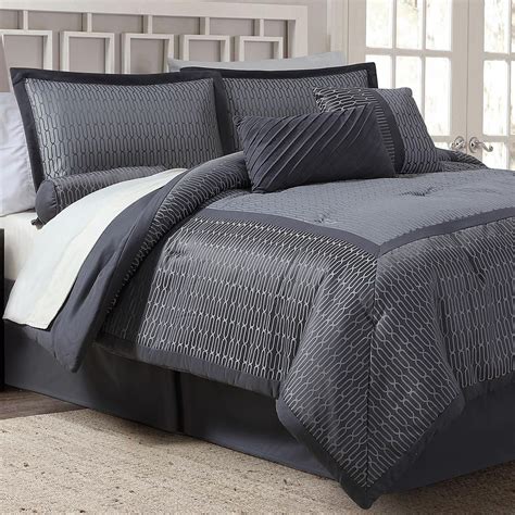 7 Piece Jacquard Comforter Set Gray Grid Bedding Sets Grey Bed Grey Comforter Sets