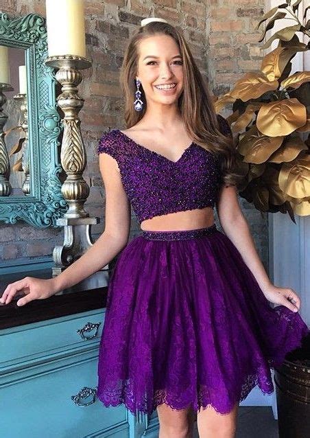 Purple Two Piece Homecoming Dresses Beaded Lace Chic Short Party Dresses Two Piece Homecoming