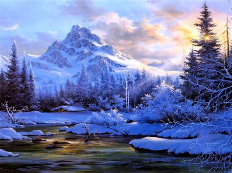 Winter Landscape Background Mountain River Trees Snow