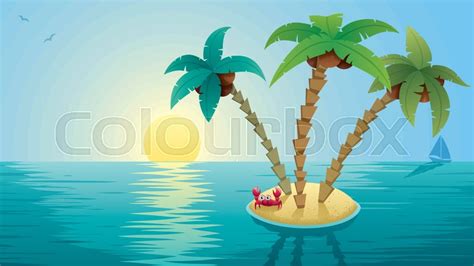Cartoon Landscape With Small Tropical Island At Sunrise Stock Vector