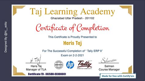 Tally Erp 9 Certificate By Taj Learning Academy