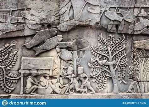 Wall Carving Of Prasat Bayon Temple Angkor Wat Siem Reap Cambodia