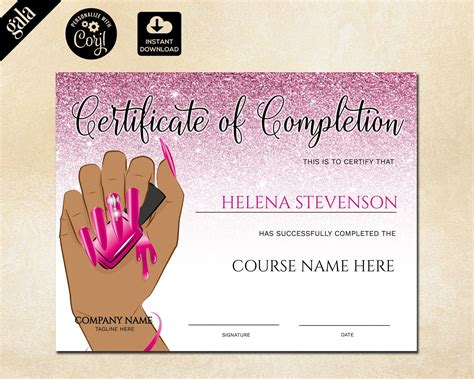 certificate of completion certificate template nail etsy beauty salon business cards