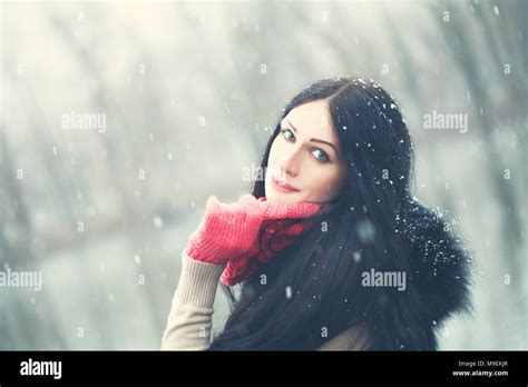 Winter Woman With Snow Beauty Portrait Outdoor Stock Photo Alamy