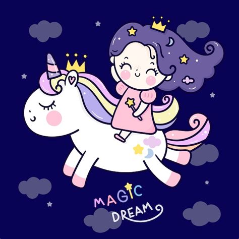 Premium Vector Cute Unicorn Princess Cartoon Riding Pony In Sky