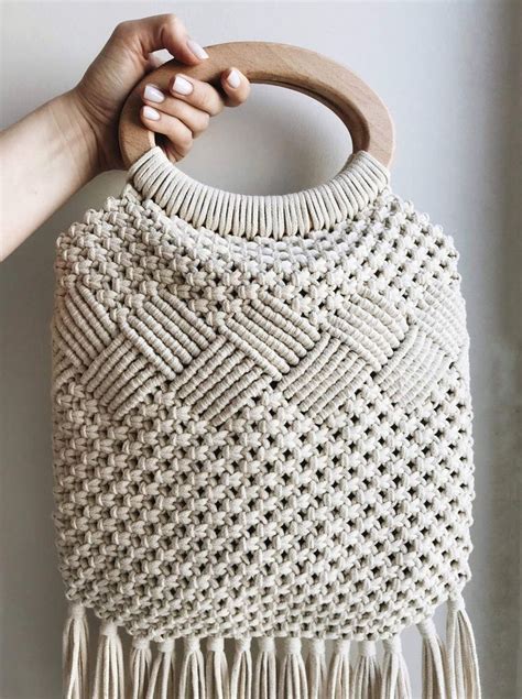 Bolso Macrame Bolso De Mango De Madera Bolso Blanco Boho Image