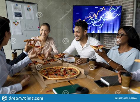 Pizza Delivery Diverse Multiethnic Colleagues Eating Lunch Together During Break In Office