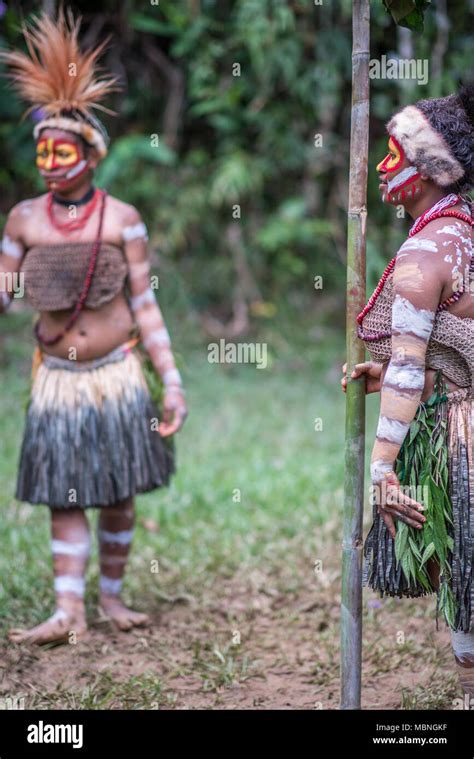 Two Huli Girls Performing The Initiates Dance Tari Valley Papua New