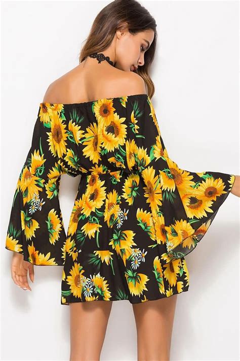Women Yellow Sunflower Print Off Shoulder Flare Sleeve Casual Dress