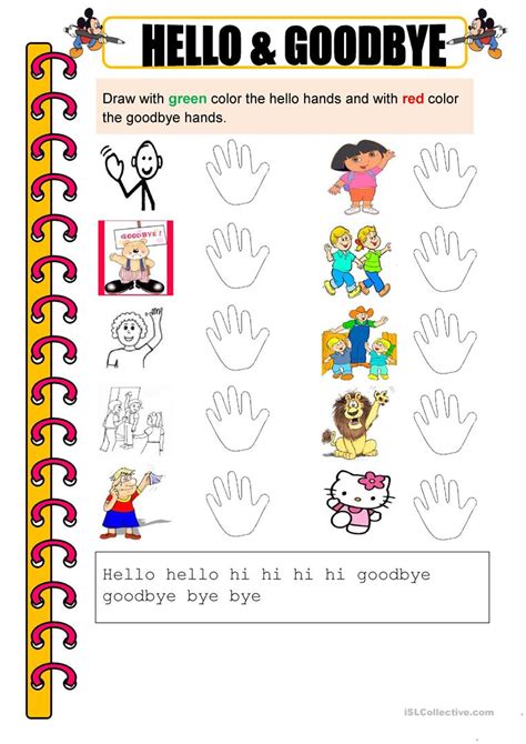 Hello And Goodbye Worksheet English Esl Worksheets Hello Goodbye