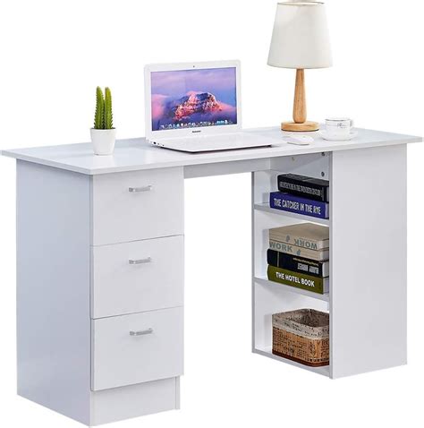 Boju Wood White Computer Desk Table With 3 Drawers And 3 Storage