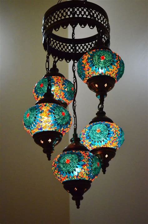 Turkish Handmade 5 Blue Globes Moroccan Mosaic Hanging Lamp Lantern