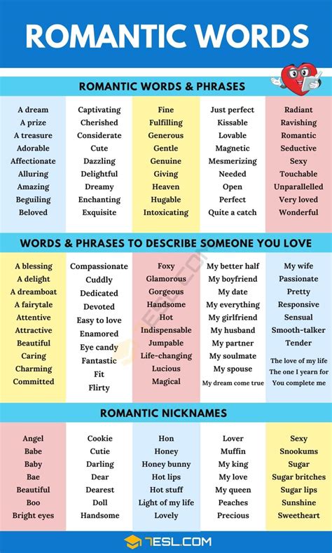 100 Romantic Words And Sweet Words For Someone You Love 7esl