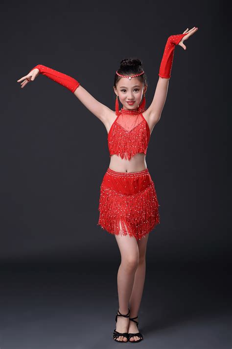 New Design Girl Rose Redredblue Latin Dance Dress Children Tassel