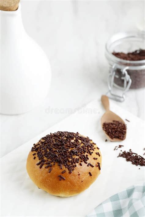 White Bread Bun With Chocolate Sprinkle Or Meses Stock Photo Image Of