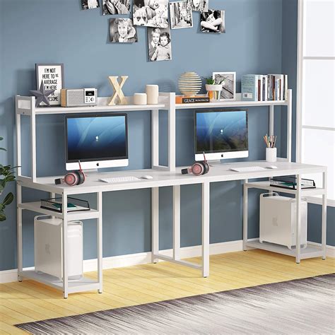 (1) 【spacious work area】 55(l)*23.6(w)*36.6(h) dimension can easily accommodate your laptop, keyboard, books, files, desk accessories. Tribesigns 94.5 Inch Two Person Computer Desk with Hutch, Long Double Desk with Storage Shelves ...