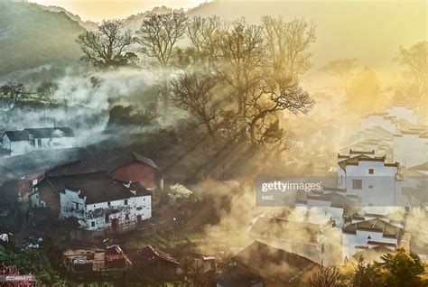 Misty Morning Shicheng Village Wuyuan China High Res Stock Photo