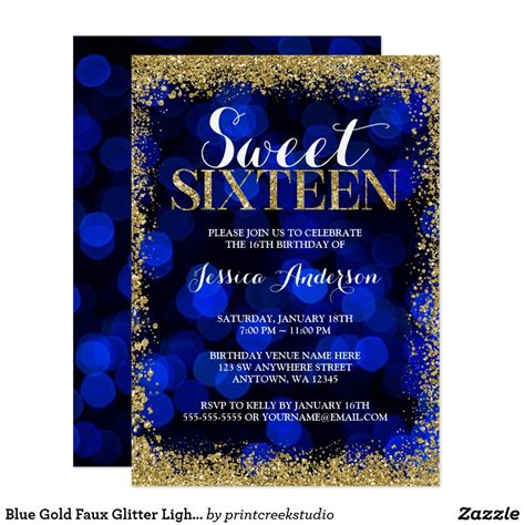 Blue Gold Faux Glitter Lights Sweet 16 Birthday Invitation