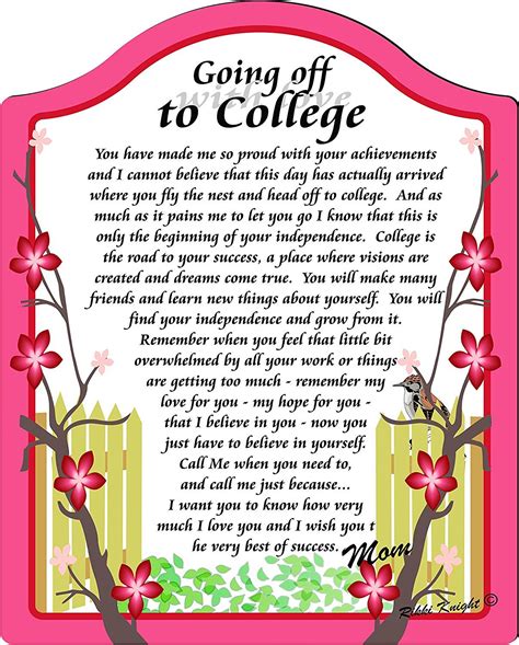 Going Off To College With Love Touching 8x10 Poem With Full Color Graphics Professionally