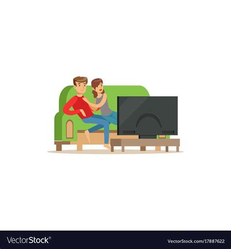 Young Couple Watching Tv People Sitting On A Sofa Vector Image