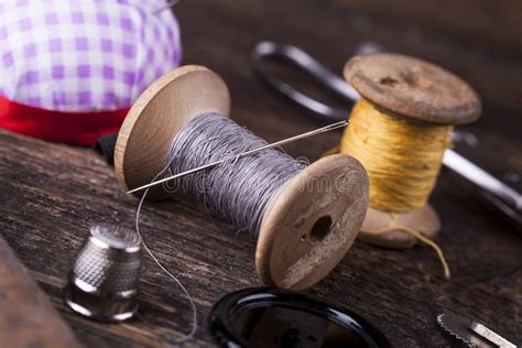 Sewing Instruments Threads Needles In Vintaae Style Stock Photo