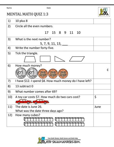 1st grade math worksheets on addition (add one to other numbers, adding double digit numbers, addition with carrying etc), subtraction (subtraction word problems, subtraction of small numbers, subtracting double digits etc), numbers (number lines, ordering numbers, comparing numbers, ordinal. First Grade Mental Math Worksheets