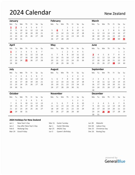 2024 New Zealand Calendar With Holidays