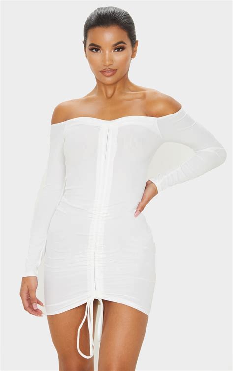 White Ribbed Bardot Ruched Bodycon Dress Prettylittlething Ie