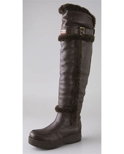 Hunter Over The Knee Shearling Lined Boots In Brown Lyst
