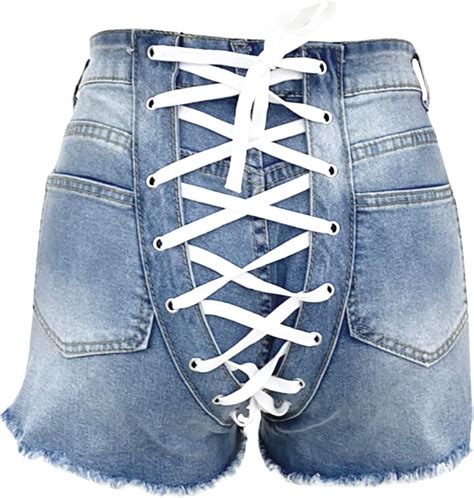 Prettier Hang Out Women Lace Up Denim Shorts High Waisted