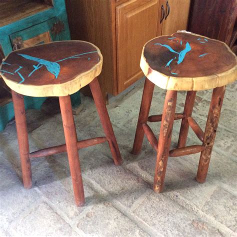 Solid Mesquite Bar Stools With Turquoise Inlay Hand Made In Tucson Az