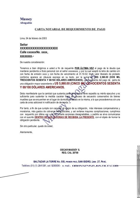 Modelo De Carta Notarial De Requerimiento De Pago By Massey Abogados