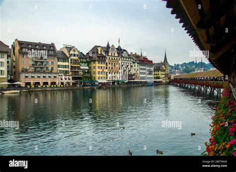 View Of The Historic City Center Of Luzern And Reuss River From Famous