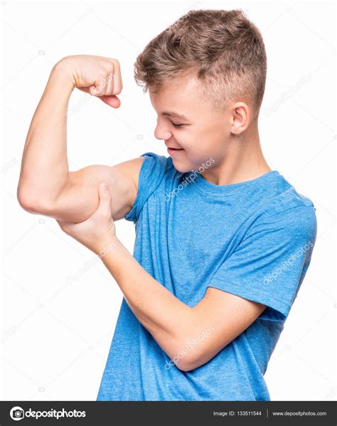 Kid Flexing Muscles Strong Asian Boy Showing Off His Biceps Flexing