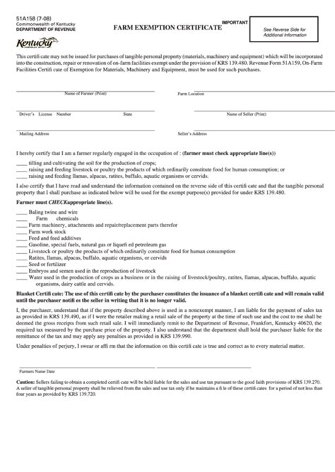 Use this endpoint to download a certificate in the specified format using the certificate_id. Form 51a158 - Farm Exemption Certificate printable pdf download