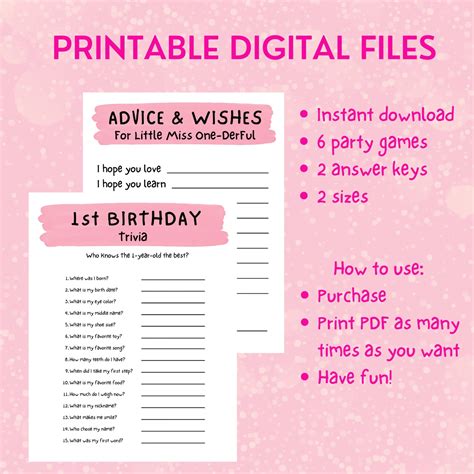 First Birthday Party Games For Girls Printable Party Games Bundle 1st