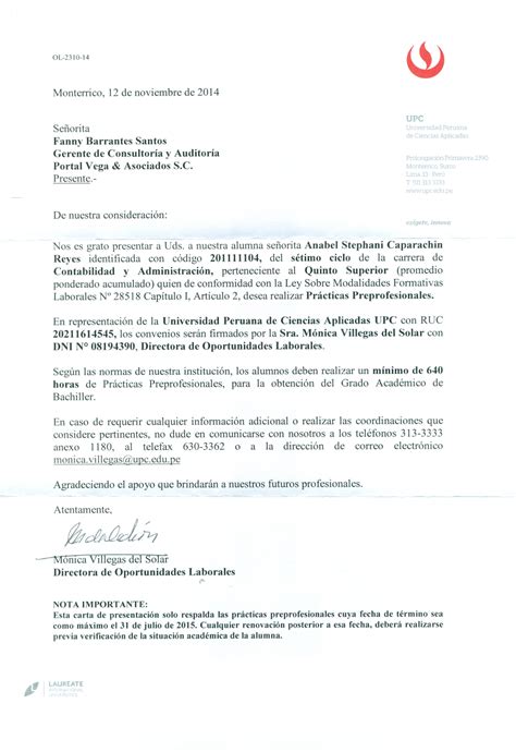 Liderazgo Y Desarrollo Profesional Carta De RepresentaciÓn De La Upc