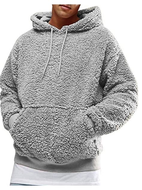 Mens Sherpa Fleece Hoodie Fuzzy Pullover Long Sleeve Kangaroo Pocket
