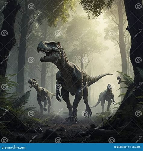 A Group Of Tyrannosaurus Rex Hunting In The Forest Stock Illustration