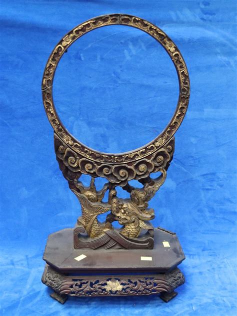 Lot Antique Chinese Mirror Stand Carved Gilded
